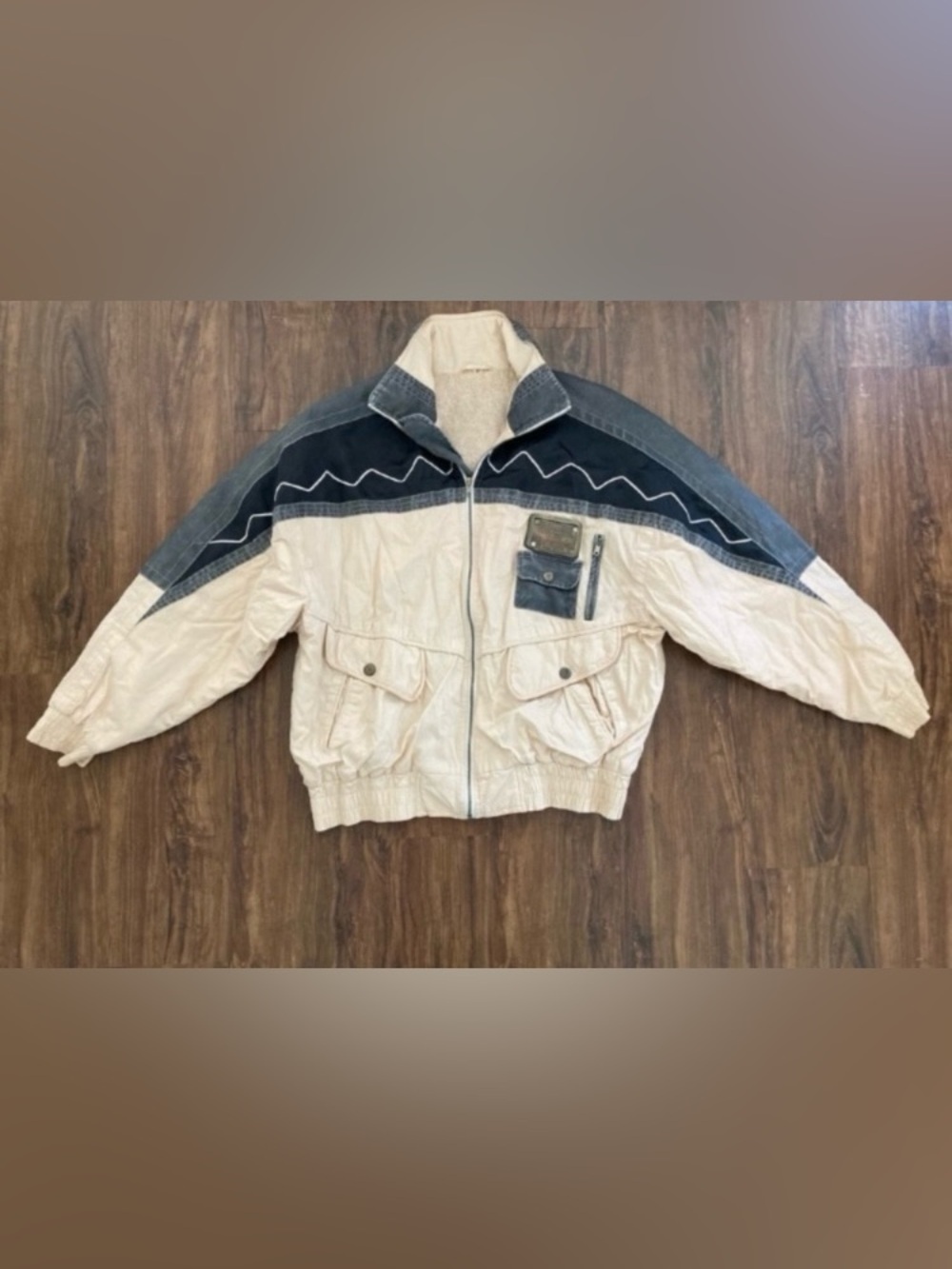 Men's Vintage Two-Tone Beige and Dark Blue Bomber Jacket with Aviation Patch